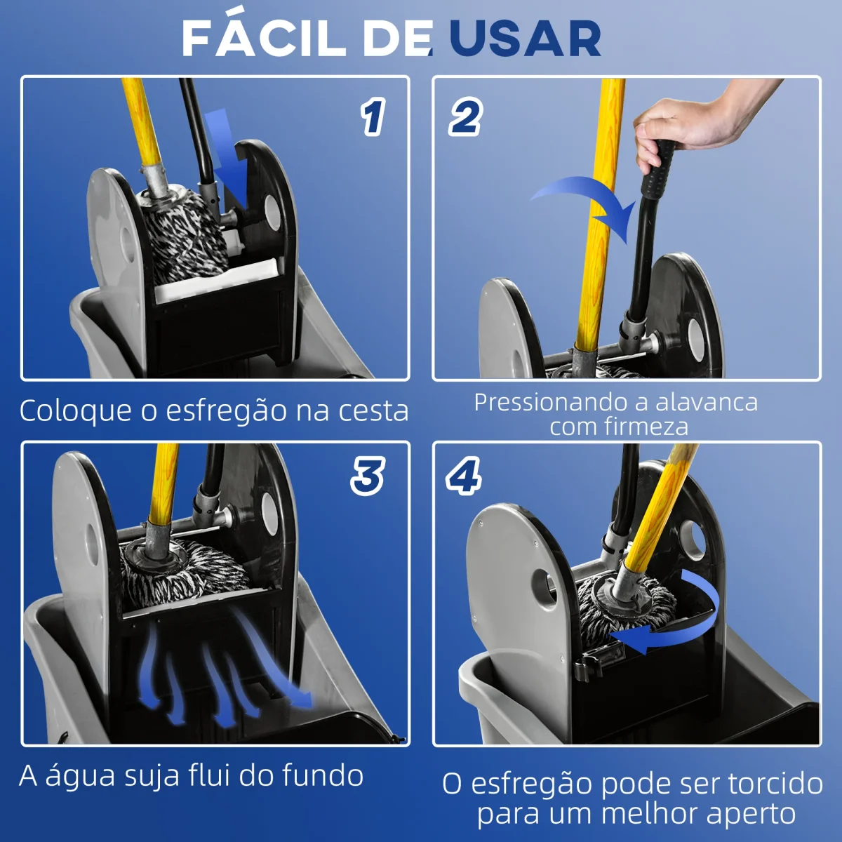 Balde de Esfregona Comercial Balde de Esfregona com Espremedor de Pressão para Baixo Capacidade 36L com 4 Rodas Silenciosas 2 Cubetas Separadas 54x41x91,5 cm Cinza - Image 6