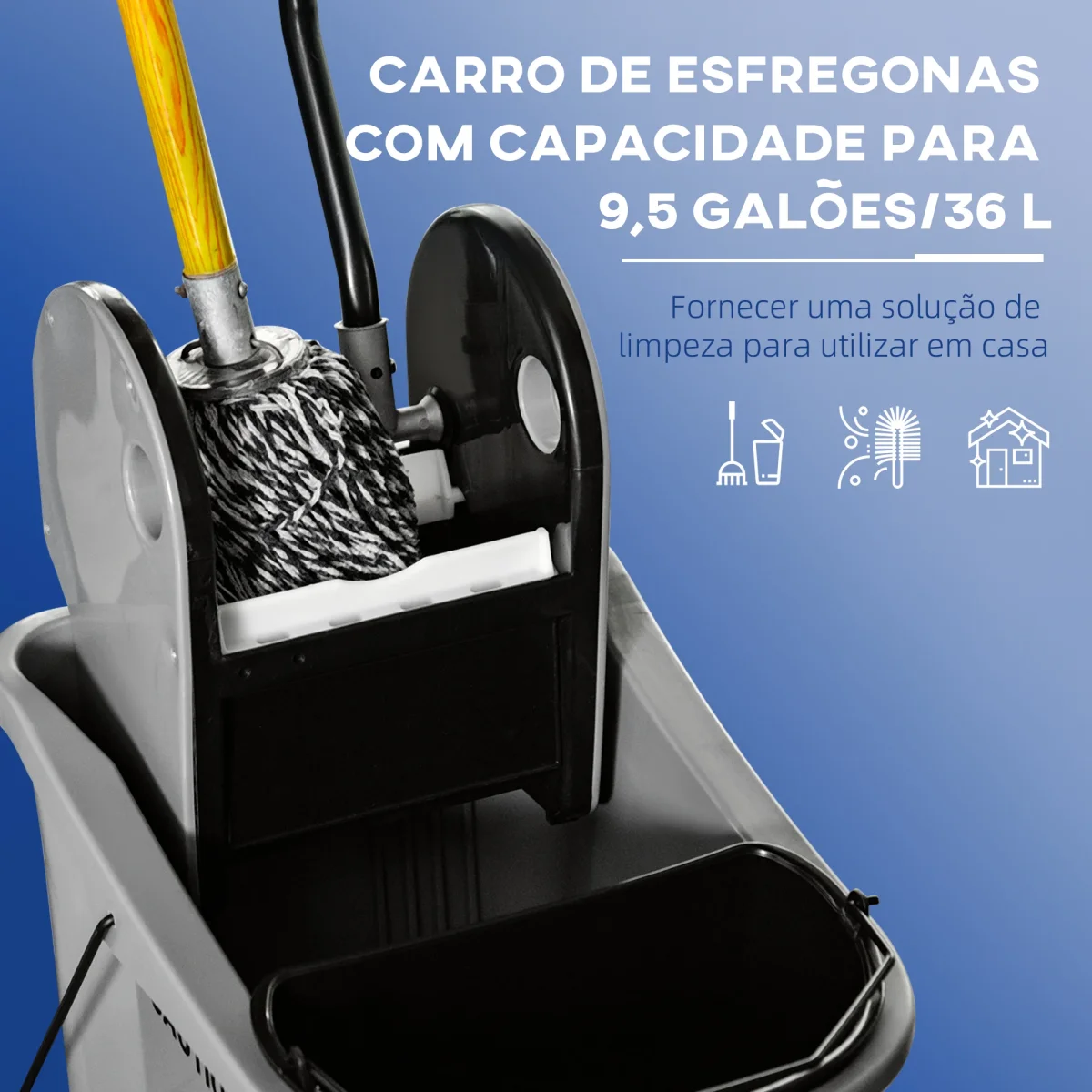 Balde de Esfregona Comercial Balde de Esfregona com Espremedor de Pressão para Baixo Capacidade 36L com 4 Rodas Silenciosas 2 Cubetas Separadas 54x41x91,5 cm Cinza - Image 5