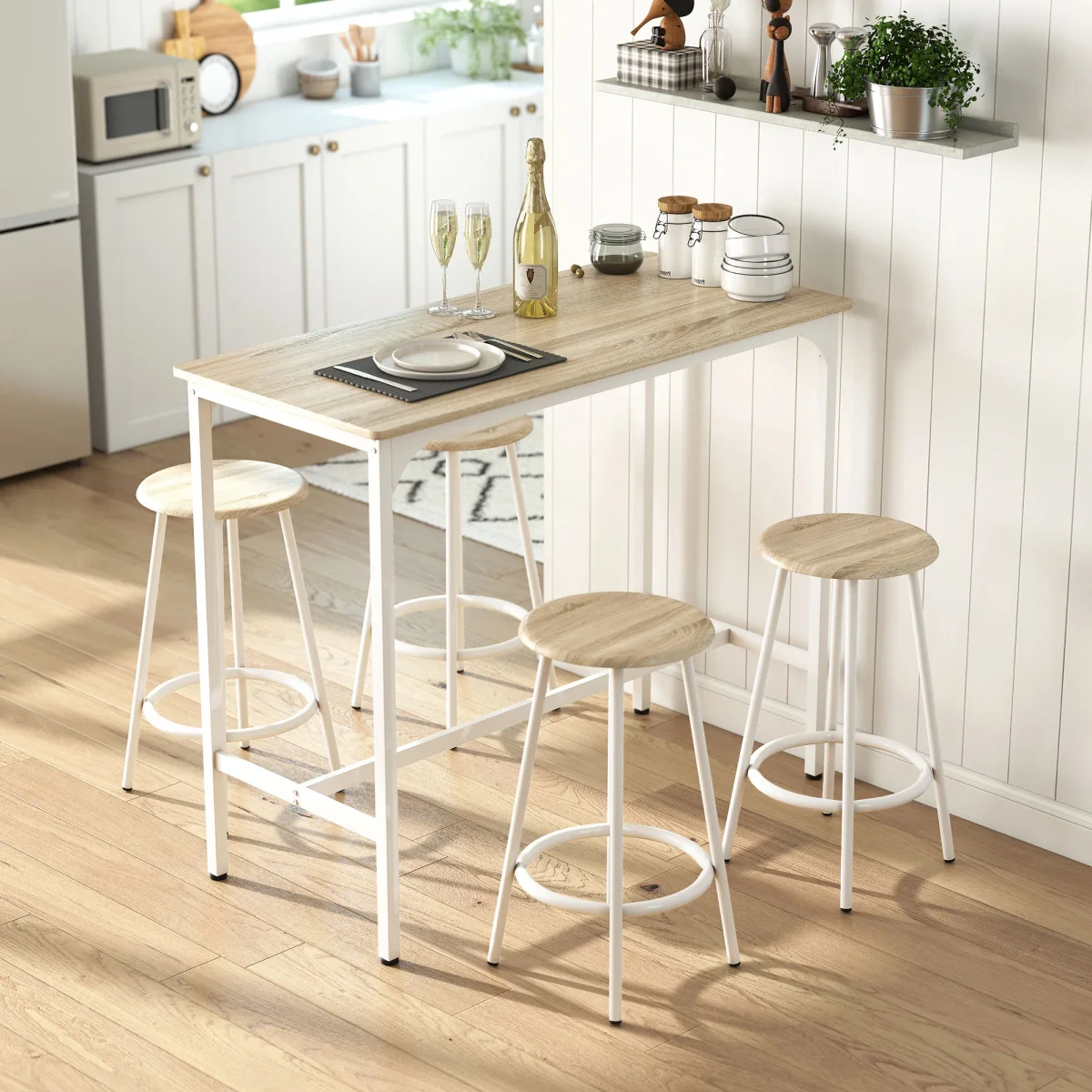 Conjunto de Móveis Altos Mesa e Cadeiras de Bar com 5 Peças Mesa de Refeição Industrial e 4 Bancos Redondos com Estrutura de Metal para Pub Sala de Jantar Madeira e Branco