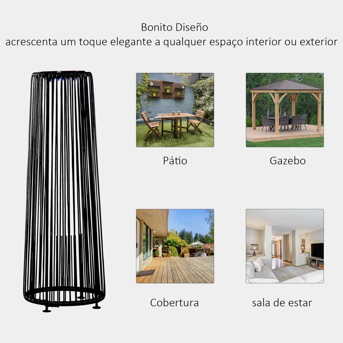 Candeeiro de chão de vime alimentado a energia solar com LED 1,5 W interruptor de controle automático de luz Decoração exterior Ø21,5x61 cm Preto - Image 7