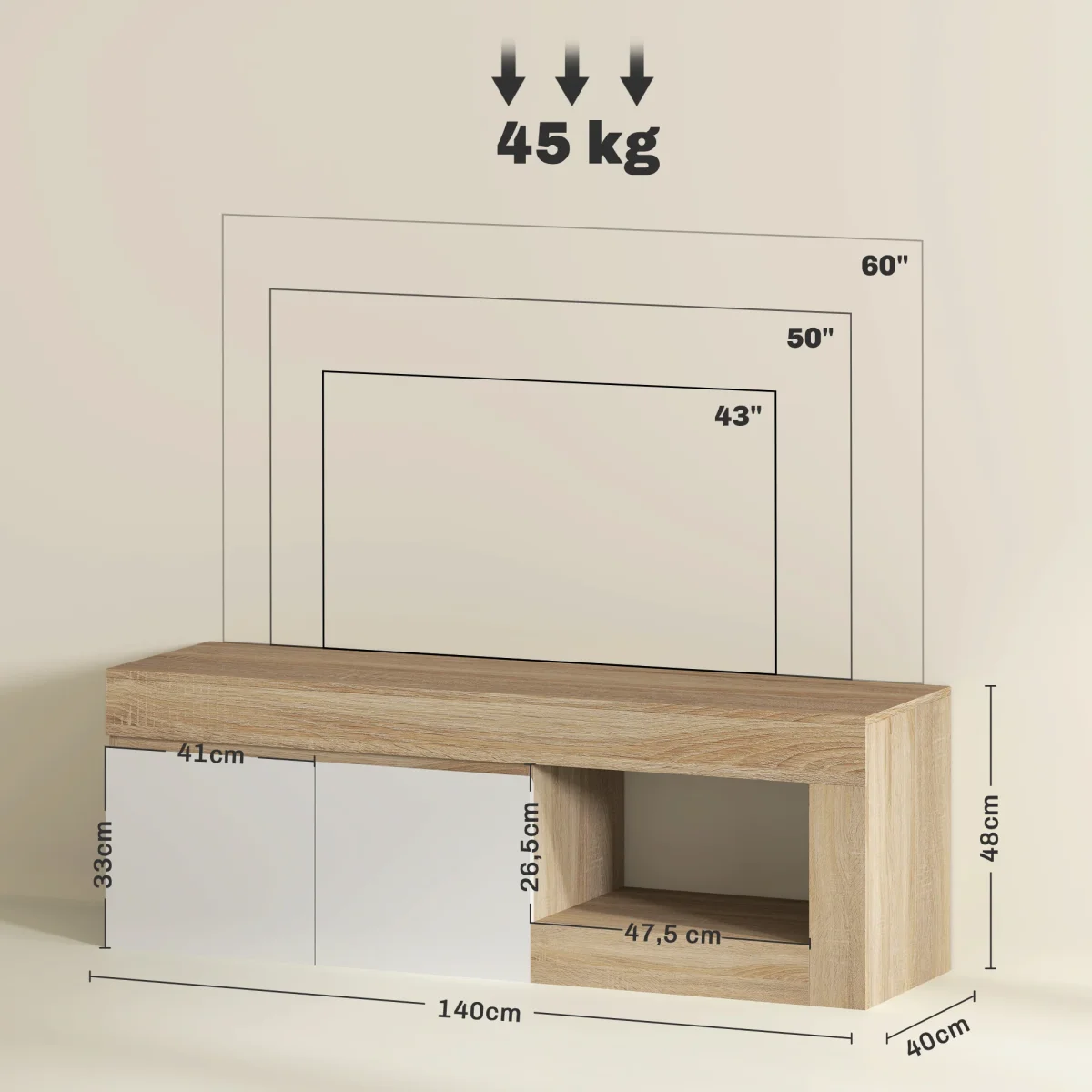 Móvel de TV Mobiliário de TV com 2 Portas Prateleira Aberta Móvel de TV de Sala de Estar para Televisóres de 60 Polegadas 140x40x48 cm Branco e Madeira - Image 4