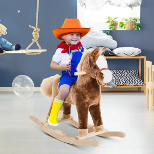 Cavalo de Baloiço para Criança +3 Anos Cavalo de Brinquedo com Alças Estrutura em Metal e Base em Madeira Carga 40 kg 74x33x62 cm Castanho