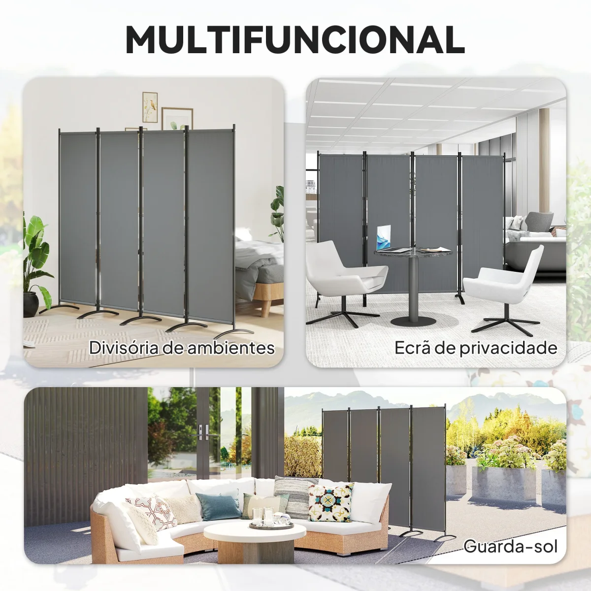 Biombo Separador de Ambientes de 4 Painéis Biombo Dobrável 221x172 cm com Pés Largos Biombo Exterior para Terraço Pátio Jardim Cinza Escuro - Image 5