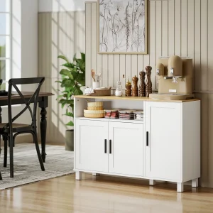 Aparador de 3 Portas de Fecho Suave Aparador de Sala com Prateleiras Ajustáveis Compartimento Aberto Pernas de Madeira para Cozinha Entrada Quarto 110x33x75 cm Branco