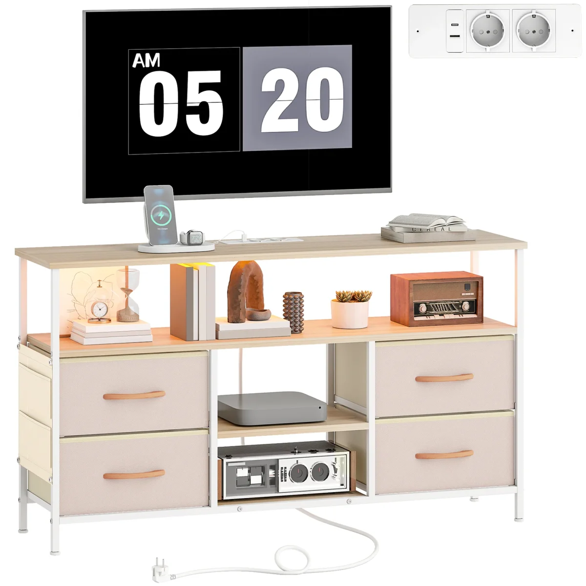 Móvel de TV com Luz LED Móvel de TV para Sala com Tomadas Portas USB Prateleiras Abertas 4 Gavetas de Tecido e Bolso para Televisão até 50 Polegadas 120x30x67,5 cm Bege e Madeira - Image 3