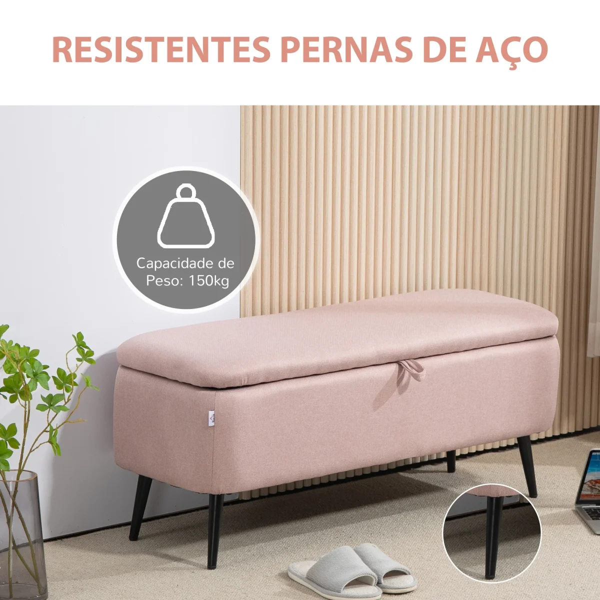 Banco de Armazenamento Estofado em Linho com Tampa Abatível e Pés de Aço para Dormitório Sala de Estar Entrada Carga Máxima 150kg 101x38,5x44,5 cm Rosa - Image 6