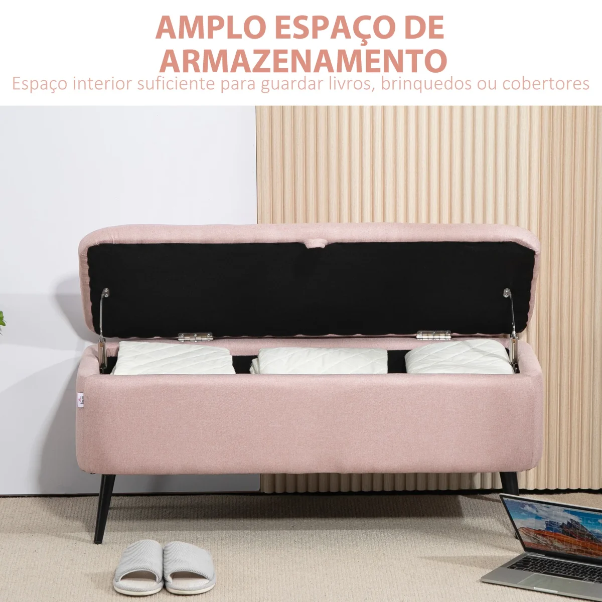 Banco de Armazenamento Estofado em Linho com Tampa Abatível e Pés de Aço para Dormitório Sala de Estar Entrada Carga Máxima 150kg 101x38,5x44,5 cm Rosa - Image 5