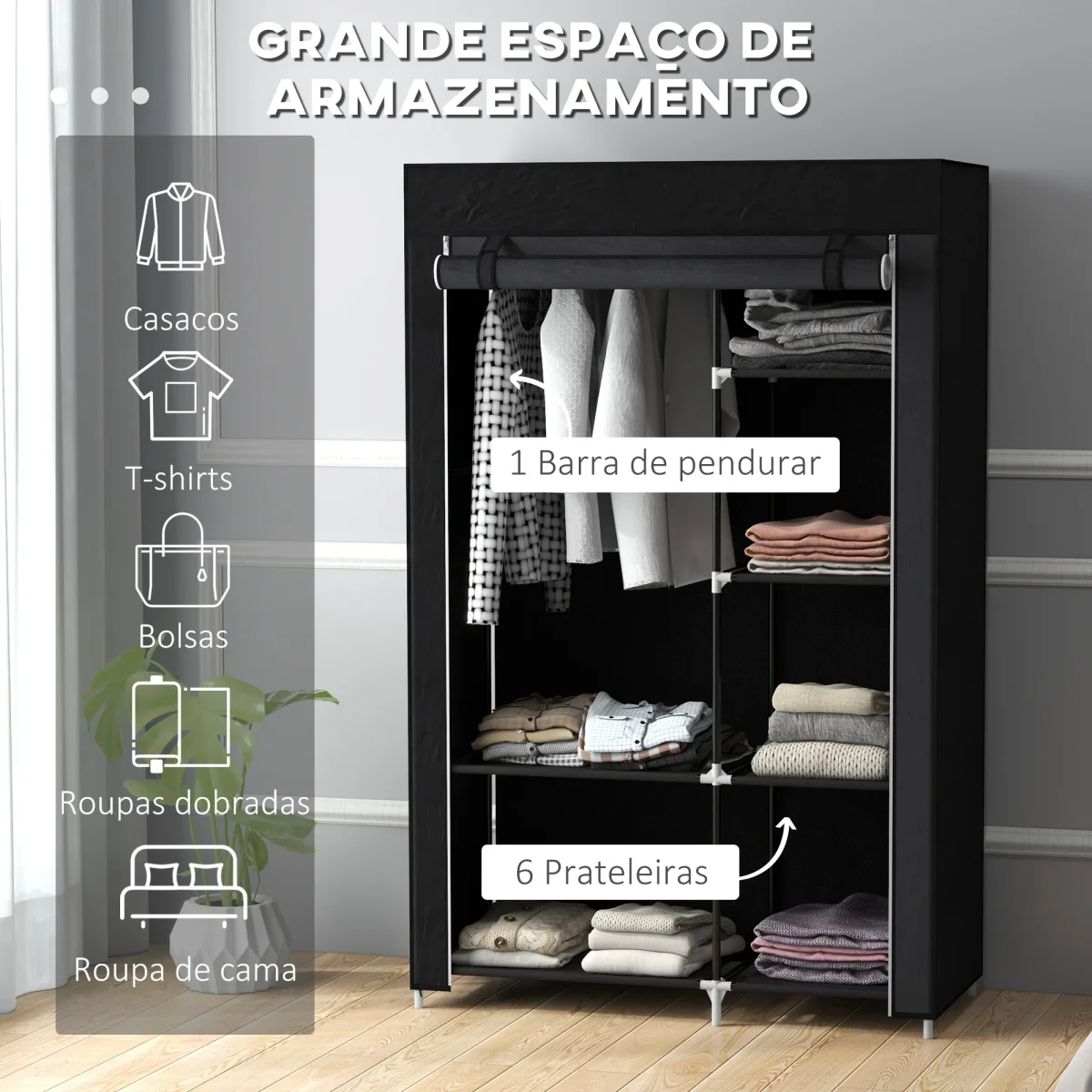 Roupeiro de Tecido Dobrável Armário de Roupa Portátil com 6 Prateleiras e 1 Barra de Pendurar para Dormitório Vestidor 103x43x162,5 cm Preto - Image 5