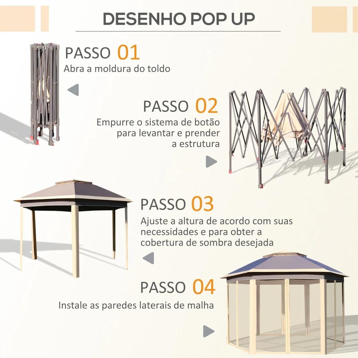 Tenda Dobrável 4,05x3,4x2,85 m Tenda de Jardim Hexagonal com Duplo Teto 6 Mosquiteiras Amovíveis Bolsa de Transporte Altura Ajustável e Anti-UV para Festa Pátio Bege - Image 7
