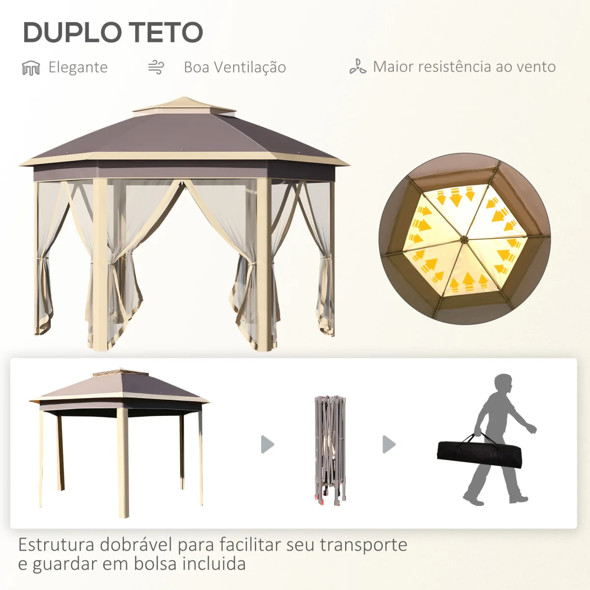 Tenda Dobrável 4,05x3,4x2,85 m Tenda de Jardim Hexagonal com Duplo Teto 6 Mosquiteiras Amovíveis Bolsa de Transporte Altura Ajustável e Anti-UV para Festa Pátio Bege - Image 5