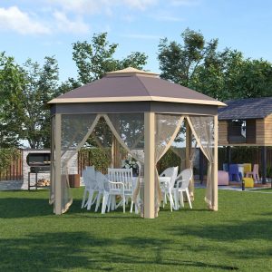 Tenda Dobrável 4,05x3,4x2,85 m Tenda de Jardim Hexagonal com Duplo Teto 6 Mosquiteiras Amovíveis Bolsa de Transporte Altura Ajustável e Anti-UV para Festa Pátio Bege