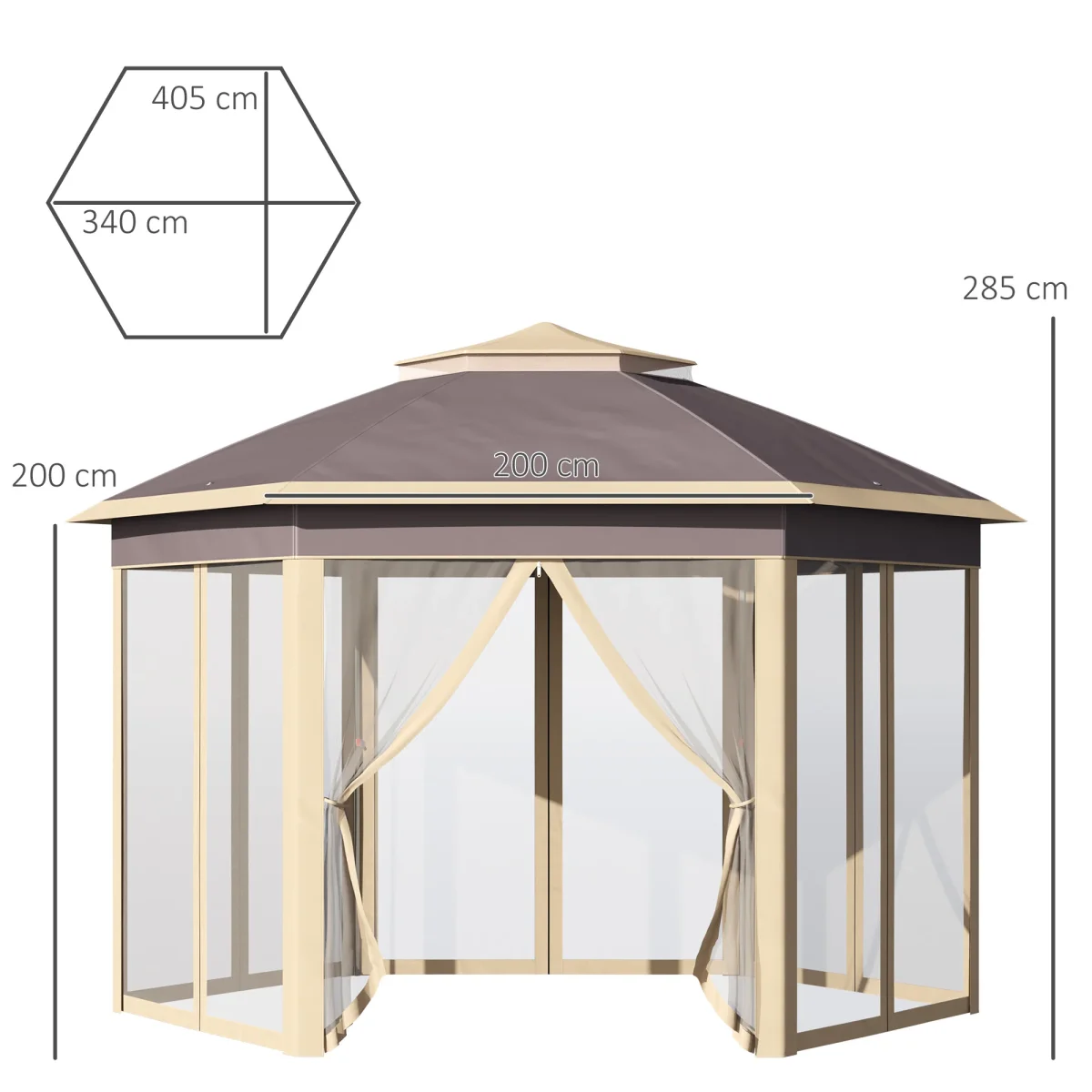 Tenda Dobrável 4,05x3,4x2,85 m Tenda de Jardim Hexagonal com Duplo Teto 6 Mosquiteiras Amovíveis Bolsa de Transporte Altura Ajustável e Anti-UV para Festa Pátio Bege - Image 4