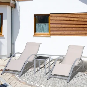 2 Espreguiçadeiras de Jardim 59x169x66 cm com Mesa 41x41x45 cm Vidro Temperado Apoio de Braços para Pátio Piscina varanda Bege
