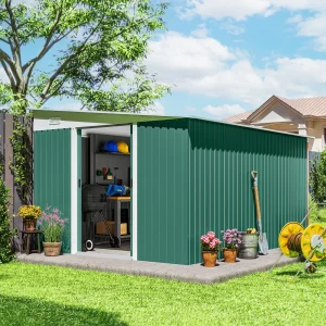 Abrigo de Jardim 280x345x201 cm 8,9 m² Abrigo de Exterior de Aço para Armazenamento de Ferramentas com Portas e 2 Janelas Verde