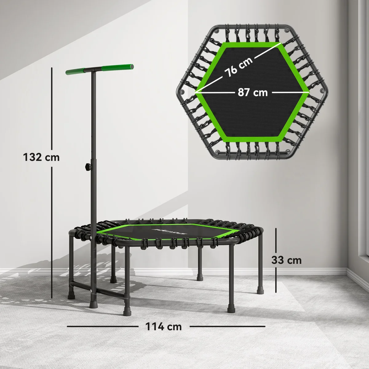 Trampolim Fitness 114x114x132 cm Trampolim Fitness com Guiador Ajustável em 3 Níveis Estrutura de Aço para Treino de Perna Corpo em Casa Escritório Ginásio Verde - Image 4
