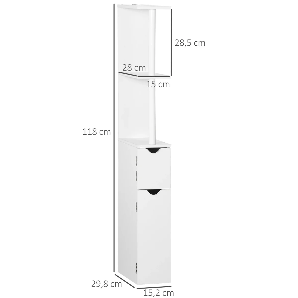 Coluna Casa de Banho com 2 Portas e 2 Prateleiras Abertas Armário Alto para Casa de Banho Sala de Estar Dormitório Estilo Moderno 15,2x29,8x118cm Branco - Image 4