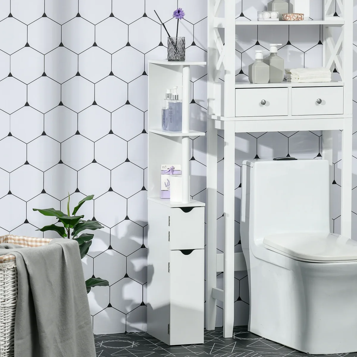 Coluna Casa de Banho com 2 Portas e 2 Prateleiras Abertas Armário Alto para Casa de Banho Sala de Estar Dormitório Estilo Moderno 15,2x29,8x118cm Branco - Image 2