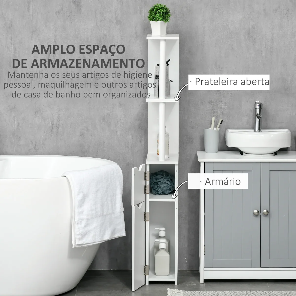 Coluna Casa de Banho com 2 Portas e 2 Prateleiras Abertas Armário Alto para Casa de Banho Sala de Estar Dormitório Estilo Moderno 15,2x29,8x118cm Branco - Image 5