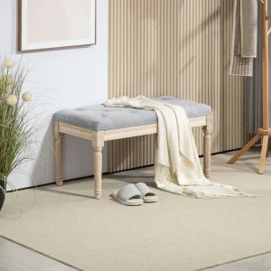 Banco de Cama Banco Acolchoado com Linho Sintético e Pés de Madeira Estilo Vintage Banco para Quarto Entrada Corredor Cinzento Claro