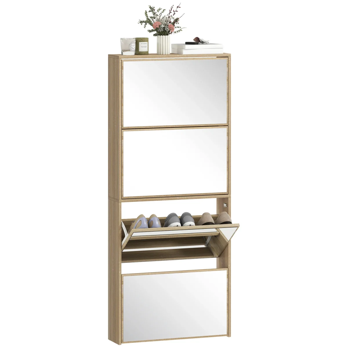 Sapateira Estreita com Espelho 4 Portas Abatíveis Sapateira para Entrada Corredor para 12 Pares de Sapatos Para Corredor Espaços Reduzidos 63x17x146 cm Madeira - Image 3