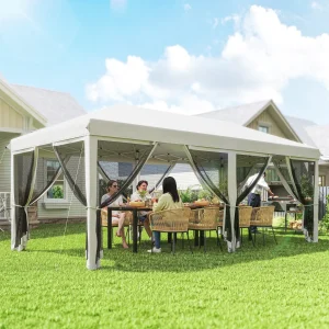 Tenda Dobrável 585x295x270 cm Tenda de Jardim com 6 Mosquiteiros Bolsa de Transporte e Estrutura de Aço para Campismo Festas Cinza