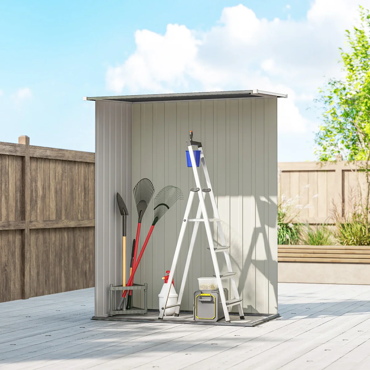Abrigo de Jardim 1,07m² 142x84x189cm Abrigo de Jardim de Aço Galvanizado com Porta Fechadura e Orifícios de Drenagem para Armazenamento de Ferramentas Cinza - Image 8