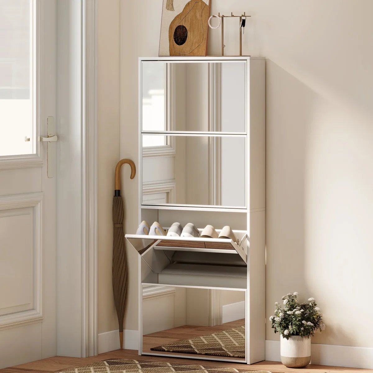 Sapateira Estreita com Espelho 4 Portas Abatíveis Sapateira para Entrada Corredor para 12 Pares de Sapatos Para Corredor Espaços Reduzidos 63x17x146 cm Branco