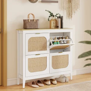 Sapateira Estreita com 4 Portas em Vime Sapateira para Entrada com Prateleiras Ajustáveis para 20 Pares de Sapatos 105x24x95,5 cm Branco