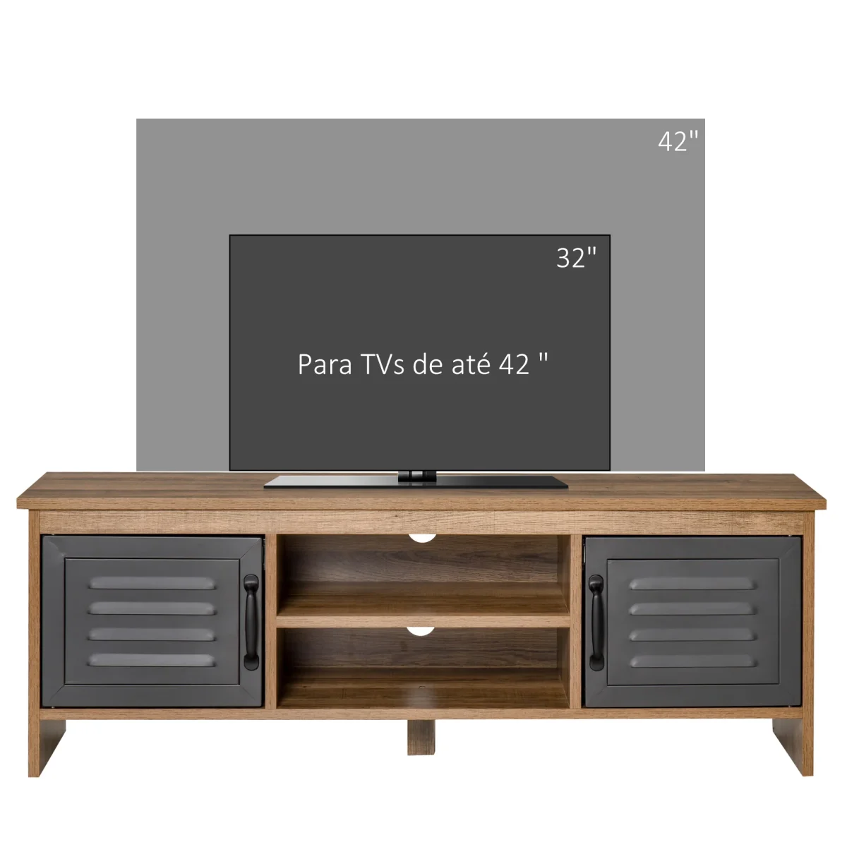 Armário de TV para televisores de 42 "com 2 compartimentos fechados com portas de metal e 2 estantes 109x35x38 cm Madeira natural e cinza - Image 7