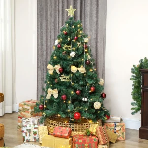 Árvore de Natal de 150 cm com Decorações 150 Luzes LED Branco Quente Árvore de Natal Decorada com 8 Modos de Iluminação 480 Ramos Suporte de Aço Decoração para Casa Festa Interior Verde