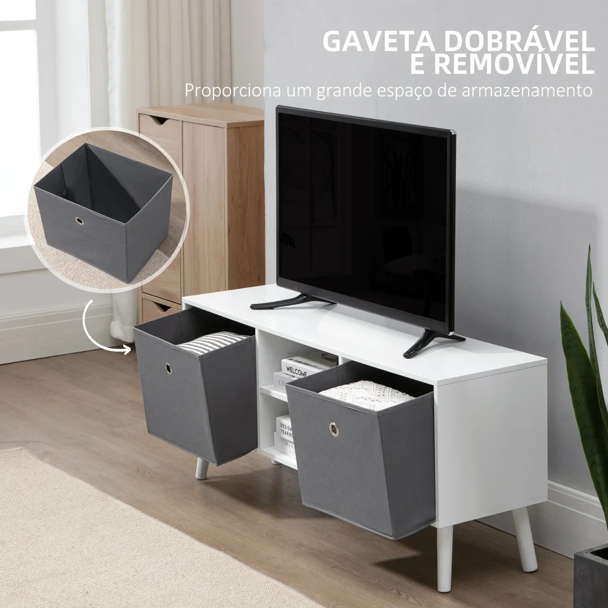 Móvel de TV para Televisores de até 50 Polegadas Móvel de Sala de Estar Moderno com 2 Gavetas de Tecido 2 Prateleiras Abertas e Orifício Passa Cabos 110x29x46,5cm Branco e Cinza - Image 6