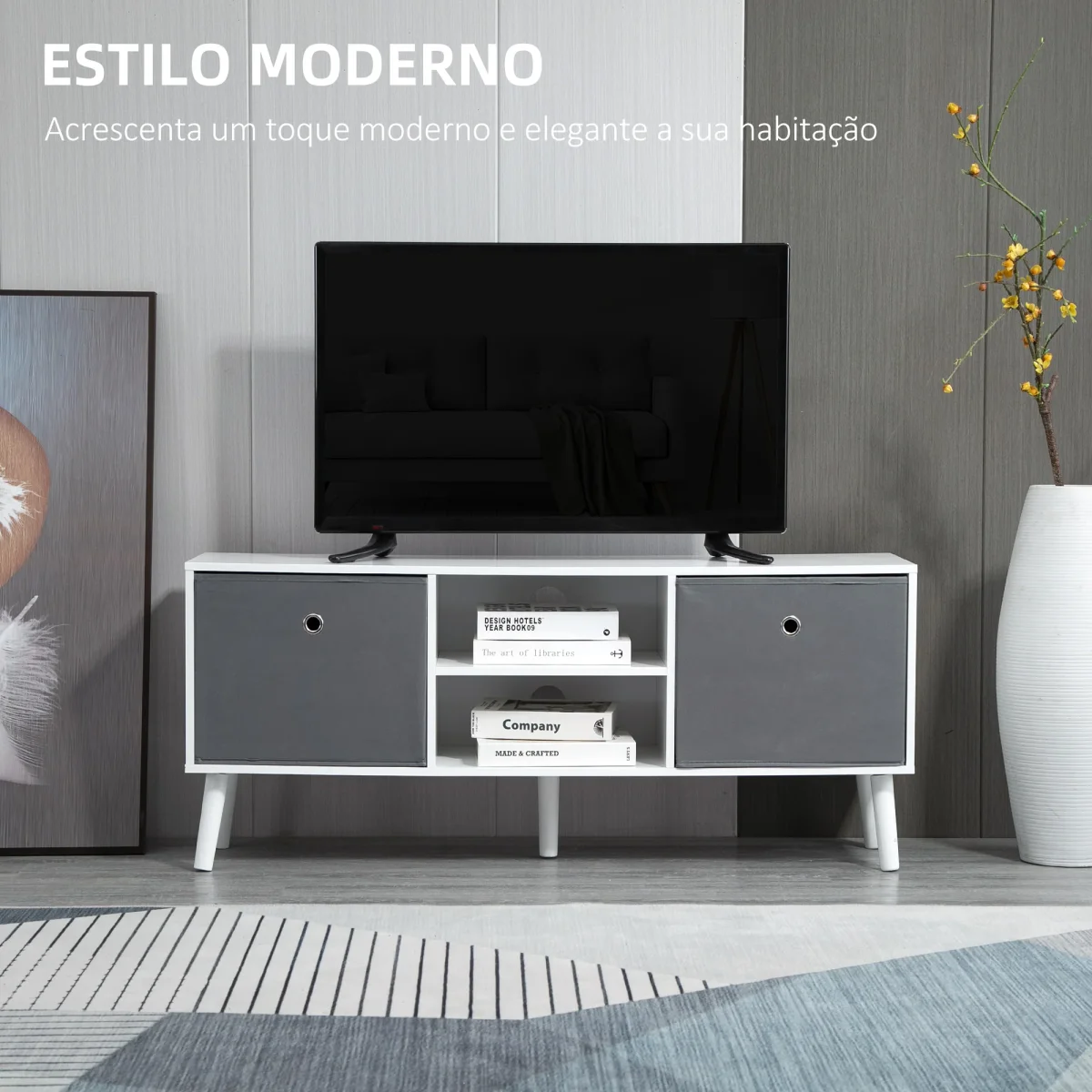 Móvel de TV para Televisores de até 50 Polegadas Móvel de Sala de Estar Moderno com 2 Gavetas de Tecido 2 Prateleiras Abertas e Orifício Passa Cabos 110x29x46,5cm Branco e Cinza - Image 5