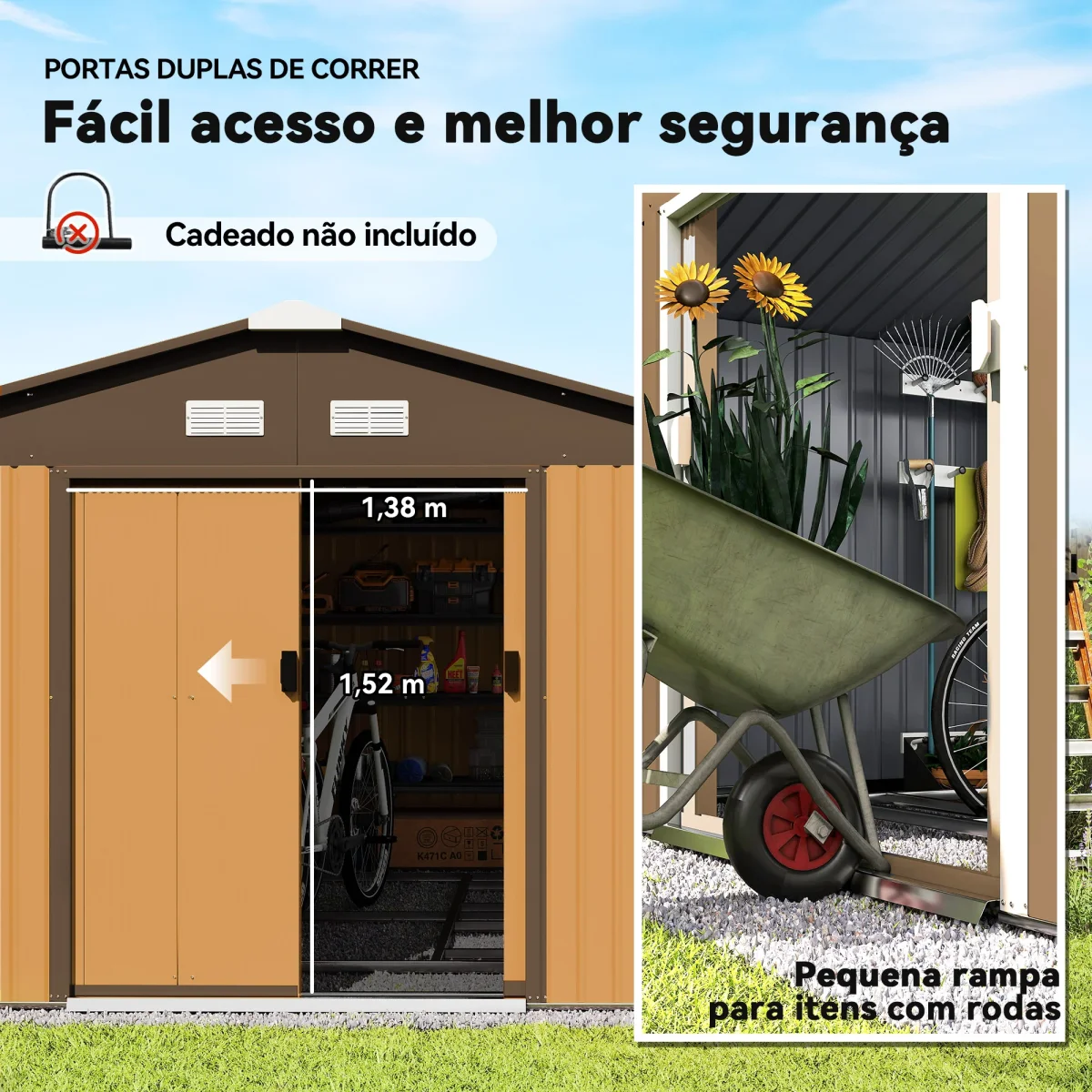 Abrigo de Jardim Metálico 340x386x200cm Abrigo de Exterior para Armazenamento de Ferramentas com Base Incluida 4 Janelas de Ventilação e Porta Corredeira Marrom - Image 6