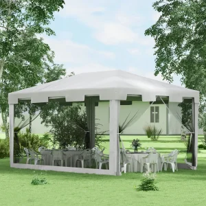 Tenda de Jardim 4x3 m Tenda Desmontável de Exterior com 4 Mosqueteiras Laterais 2 Portas com Fecho de Correr e 8 Orifícios de Drenagem para Pátio Praia Branco