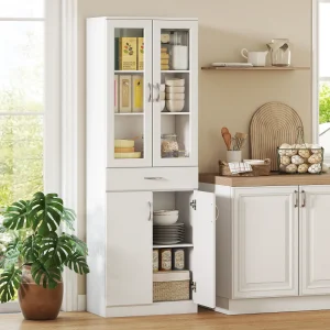 Armário de Cozinha Móvel Auxiliar de Cozinha com Portas de Vidro Gaveta Prateleiras Ajustáveis para Sala de Jantar Sala 60x35x180 cm Branco