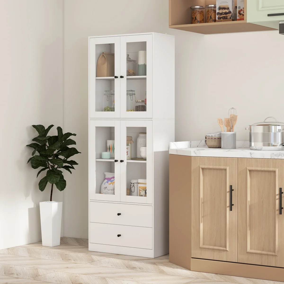 Armário de Cozinha Alto Móvel Auxiliar de Cozinha com 4 Portas de Vidro 2 Gavetas Prateleiras Ajustáveis 59x30x170 cm, Branco - Image 9