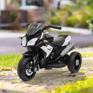 Motocicleta Elétrica Infantil com 3 Rodas Triciclo para Crianças acima de 3 anos com Bateria 6V Recarregável Funções de Música Buzina Faróis 86x42x52cm Preto e Branco
