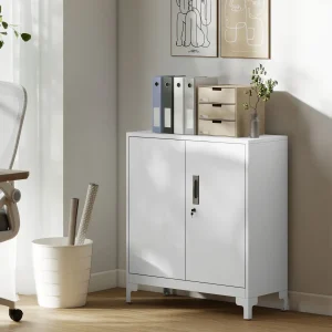 Armário de Arrumação Metálico Armário de Escritório com 2 Portas Fecho Prateleira Fácil Montagem Arquivador para Escritório Estudo Garagem Sala de Estar 80x35x91 cm Branco