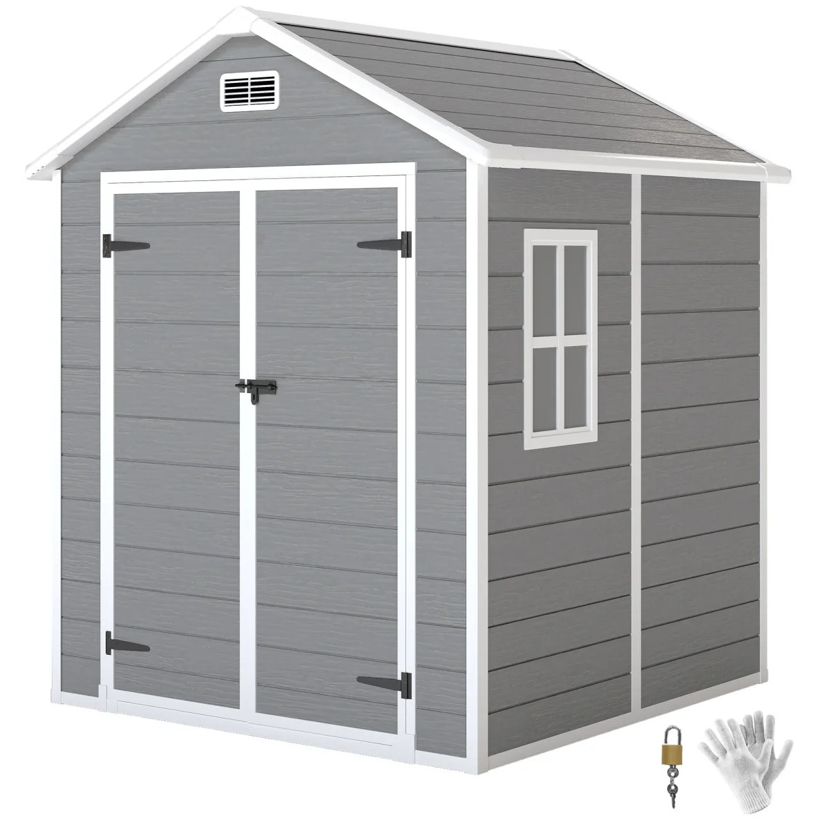 Abrigo de Jardim em Resina com Piso 182x151x219 cm Efeito Madeira Estrutura Reforçada em Alumínio Janela Ventilação Portas Duplas com Fechadura Cinzento - Image 3