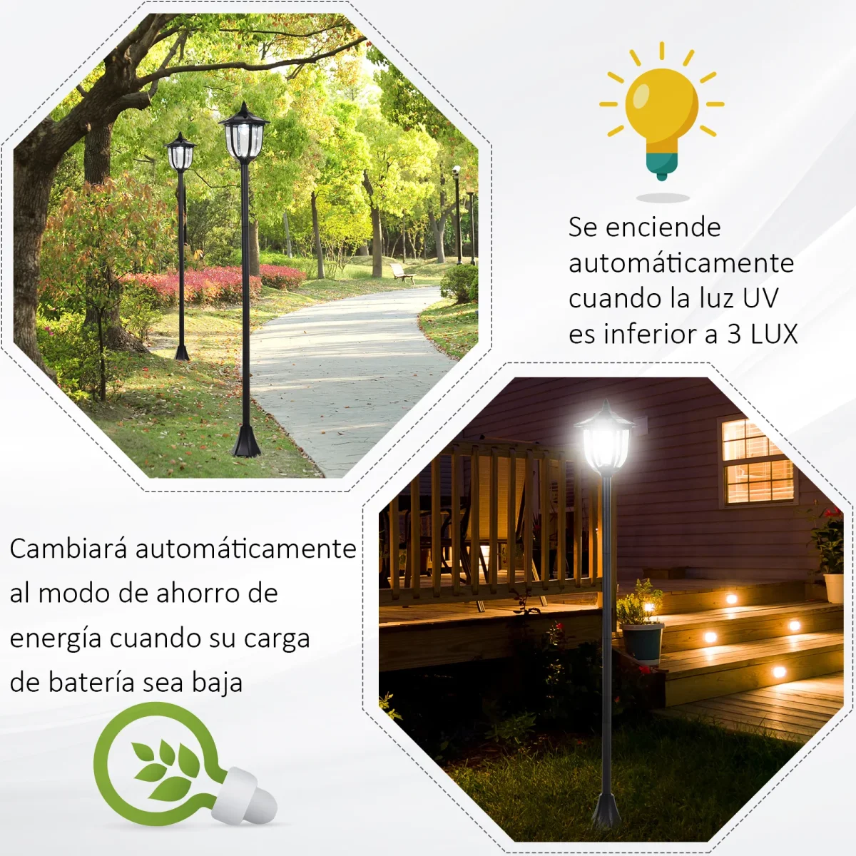 Poste de luz solar ao ar livre 6 LEDS Autonomia 6-8 Horas Partida automática ?26x177 cm Luz de rua solar exterior - Image 8