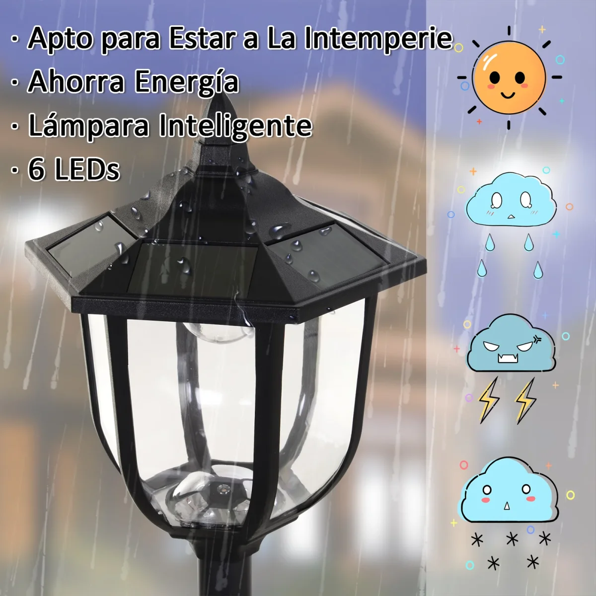 Poste de luz solar ao ar livre 6 LEDS Autonomia 6-8 Horas Partida automática ?26x177 cm Luz de rua solar exterior - Image 7