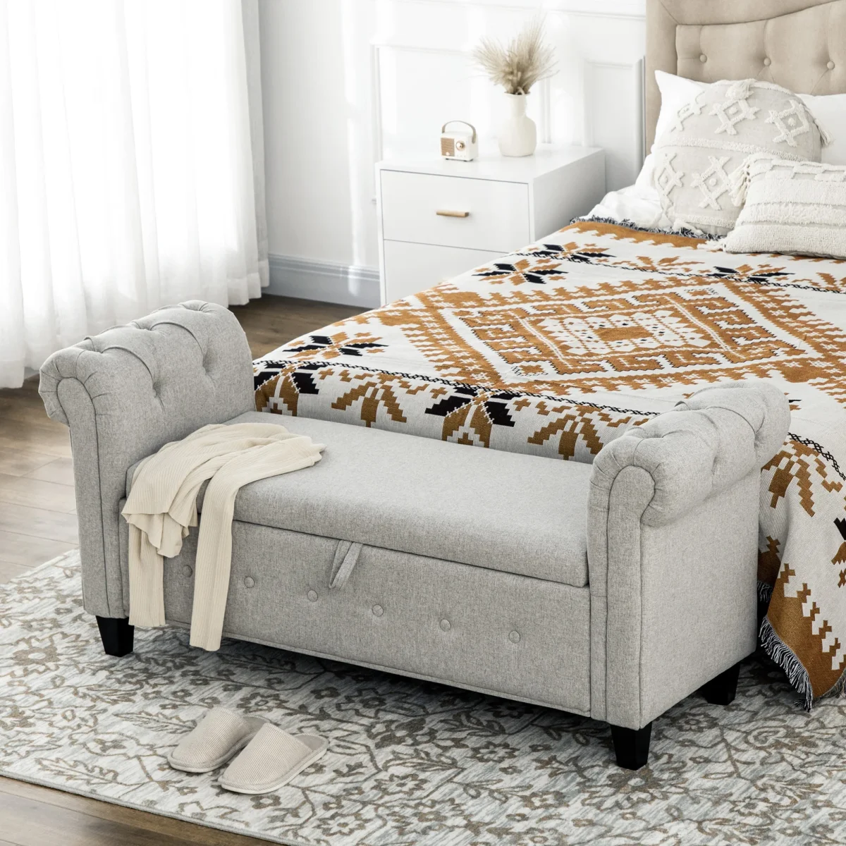 Banco de Pé de Cama Banco de Armazenamento de Linho com Dobradiças na Tampa Pés de Madeira e Apoio para os Braços para Dormitórios Sala de Estar Corredor Carga 150kg 146,5x49x74,5cm Cinza Claro - Image 2