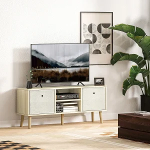 Móvel de TV para Televisores de até 50 Polegadas Móvel de Sala de Estar Moderno com 2 Gavetas de Tecido 2 Prateleiras Abertas e Orifício Passa Cabos 110x29x46,5 cm Madeira Clara e Bege