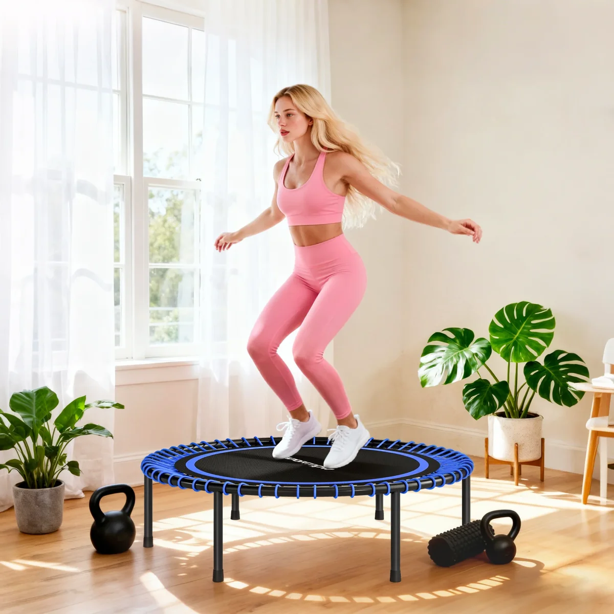 Trampolim de Fitness Adultos Ø114 cm com Estrutura de Aço Reforçada para Treino de Pernas Corpo em Casa Escritório Ginásio Azul e Preto - Image 2