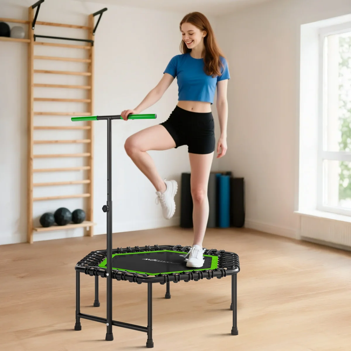 Trampolim Fitness 114x114x132 cm Trampolim Fitness com Guiador Ajustável em 3 Níveis Estrutura de Aço para Treino de Perna Corpo em Casa Escritório Ginásio Verde - Image 2