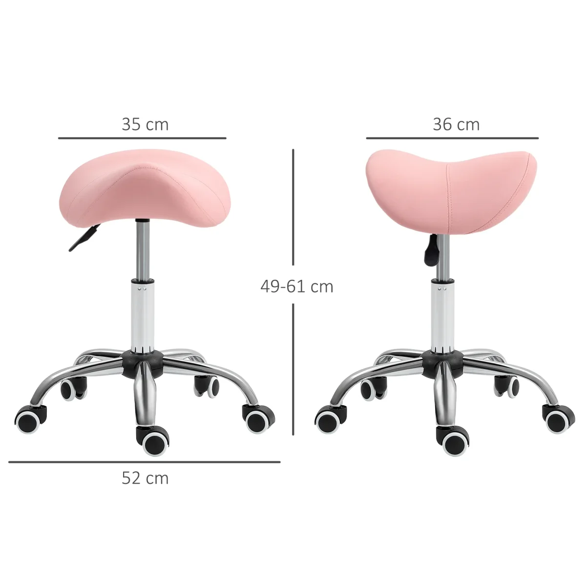 Banco com Rodas Banco Giratório Cosmético com Altura Ajustável Assento Acolchoado e Amplo Dentista Cabeleireiro Carga 120 kg 52x53x49-61 cm Rosa - Image 4