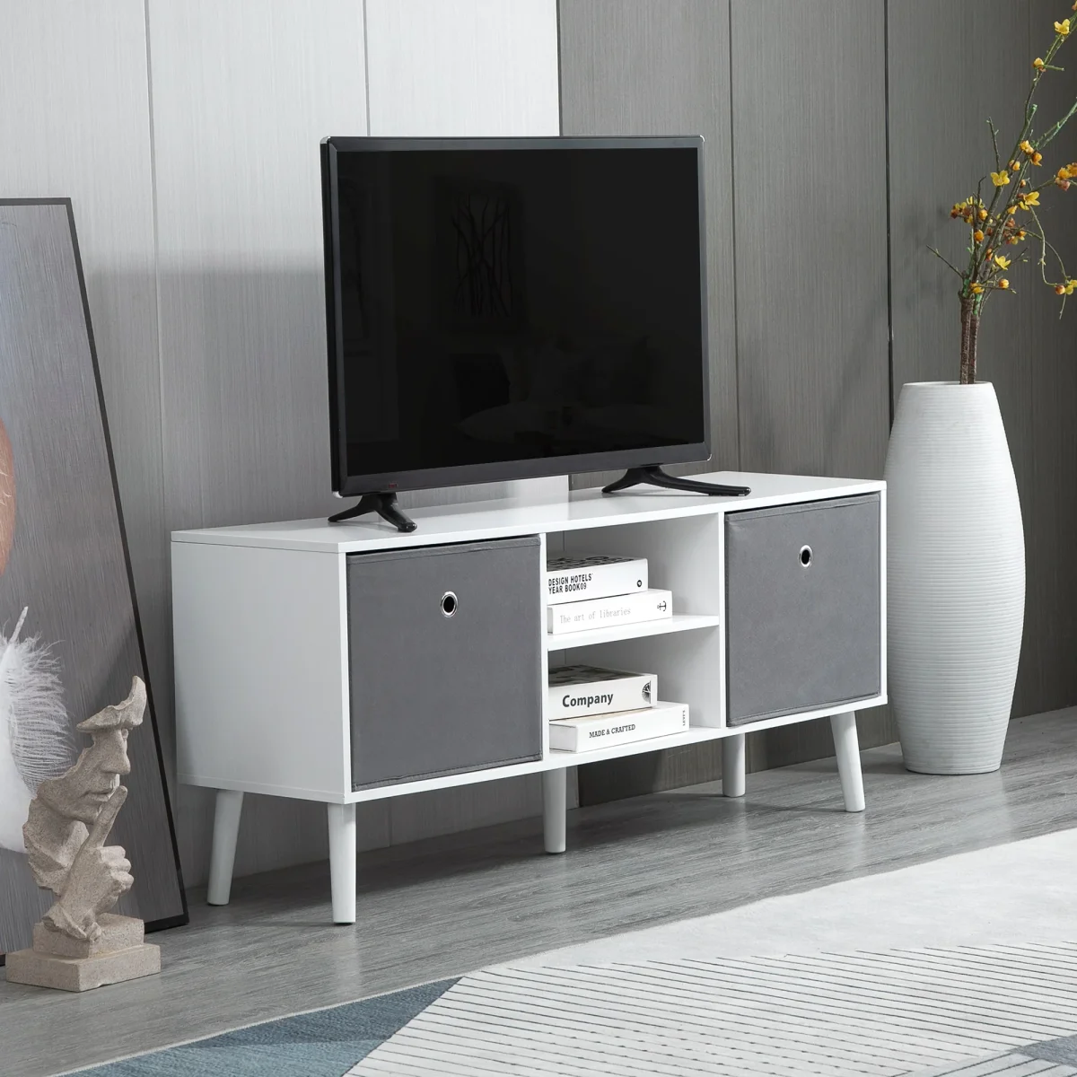 Móvel de TV para Televisores de até 50 Polegadas Móvel de Sala de Estar Moderno com 2 Gavetas de Tecido 2 Prateleiras Abertas e Orifício Passa Cabos 110x29x46,5cm Branco e Cinza