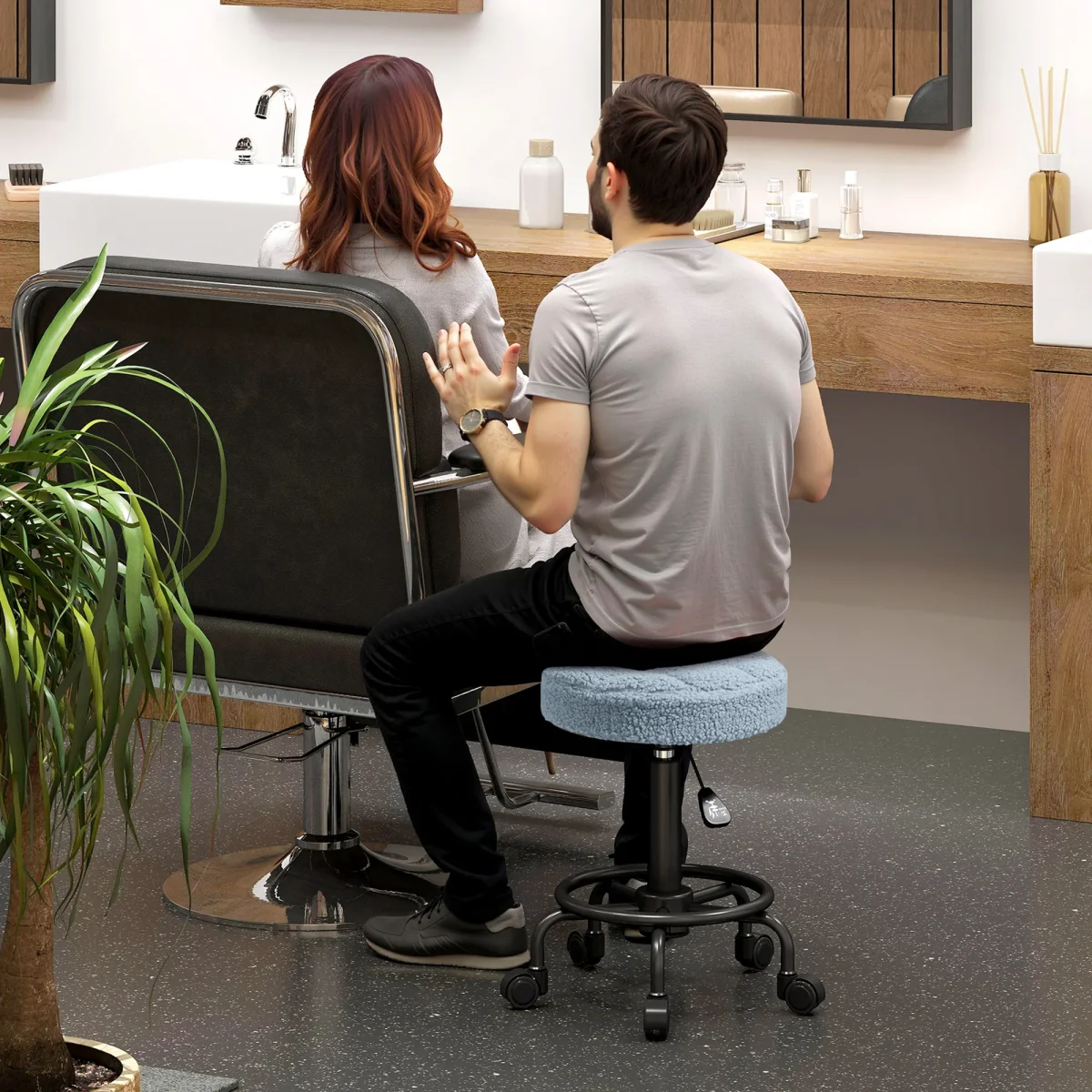 Banco Giratório Redondo Banco com Rodas Altura Regulável 50-66 cm Assento Estofado em Tecido tipo Borreguito para Salões Oficinas Spa Massagem Azul - Image 9