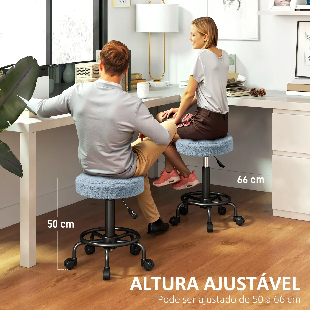 Banco Giratório Redondo Banco com Rodas Altura Regulável 50-66 cm Assento Estofado em Tecido tipo Borreguito para Salões Oficinas Spa Massagem Azul - Image 5
