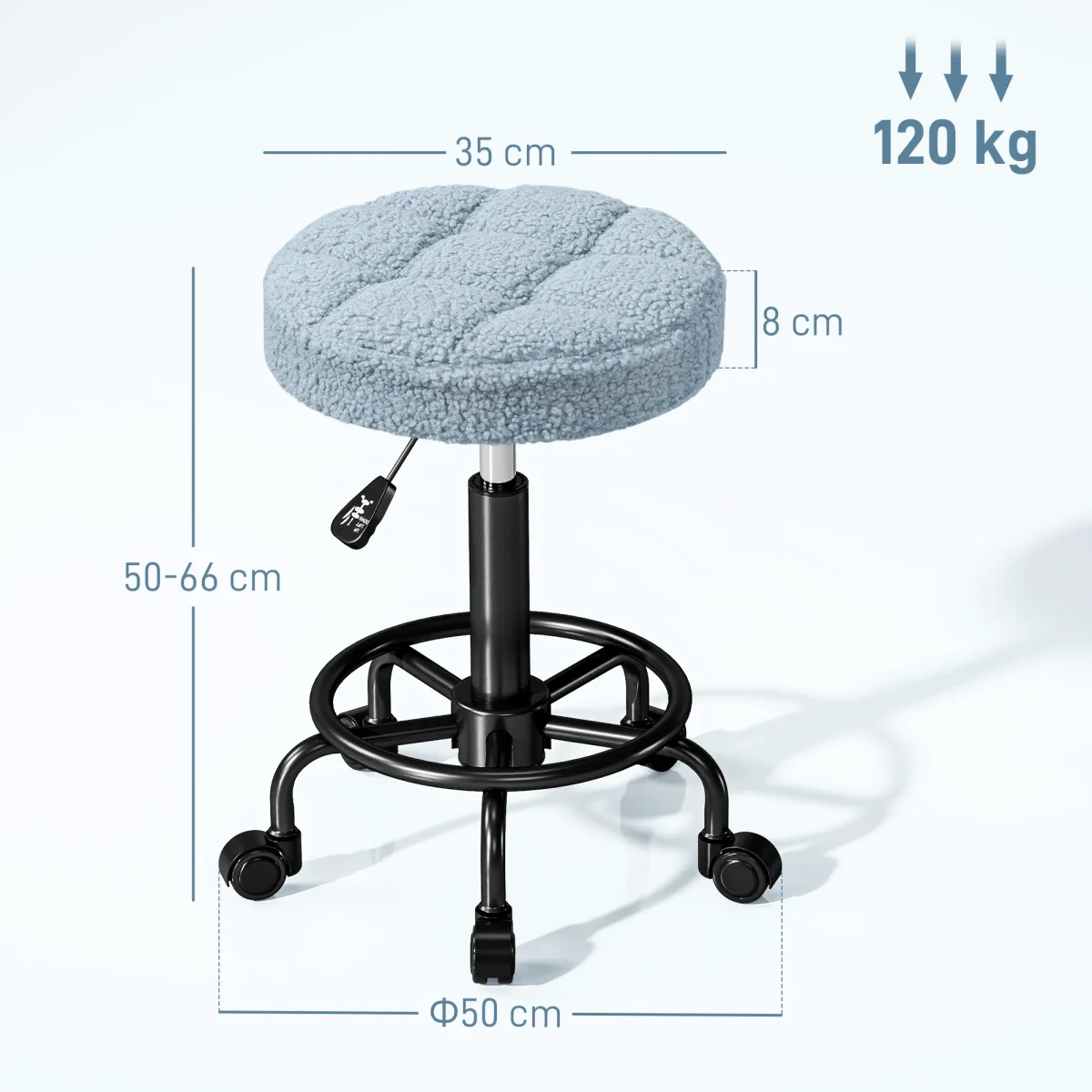 Banco Giratório Redondo Banco com Rodas Altura Regulável 50-66 cm Assento Estofado em Tecido tipo Borreguito para Salões Oficinas Spa Massagem Azul - Image 4